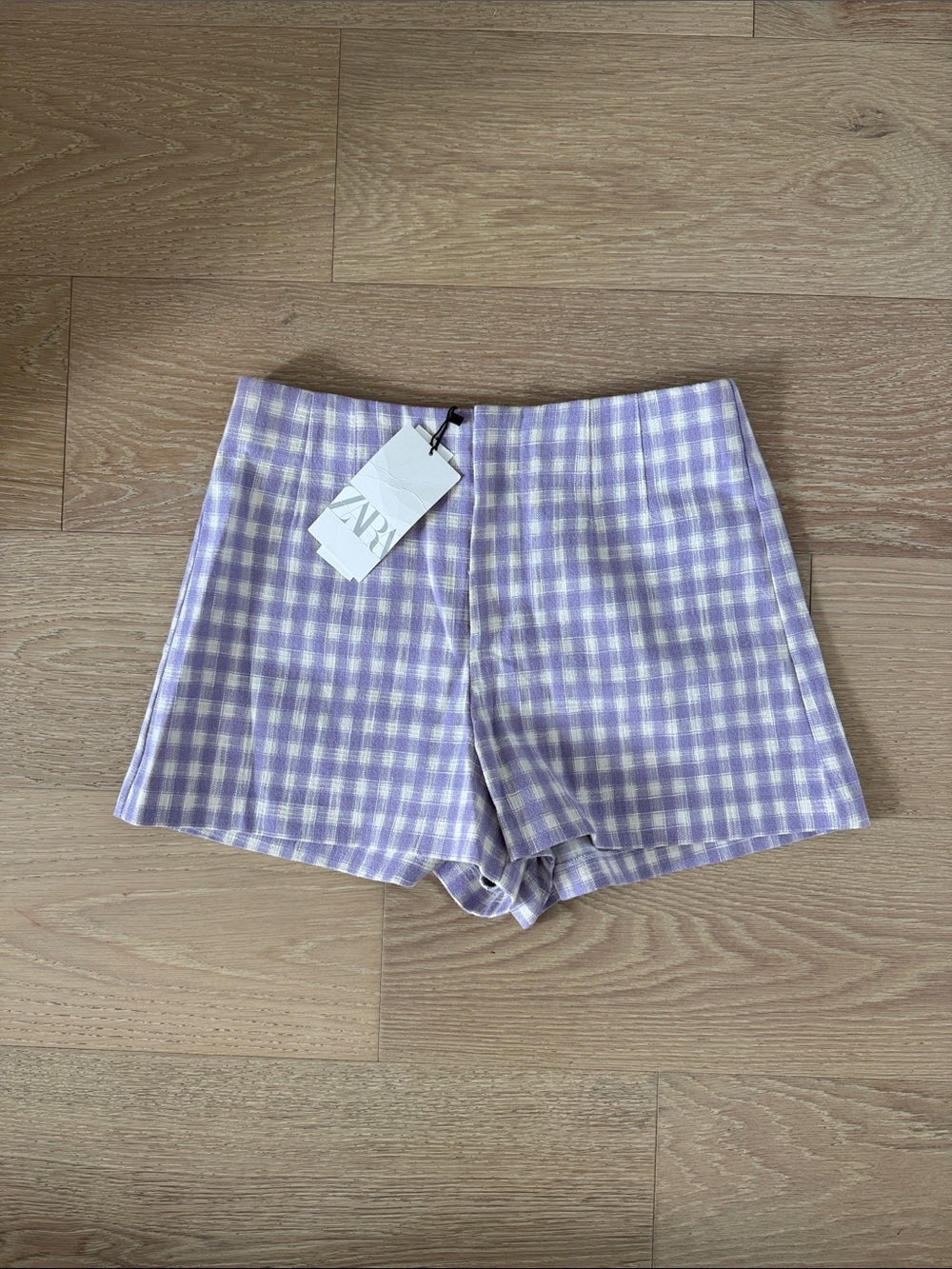 ZARA Purple & White Gingham Check High Rise Shorts Stretch M - Picture 1 of 3
